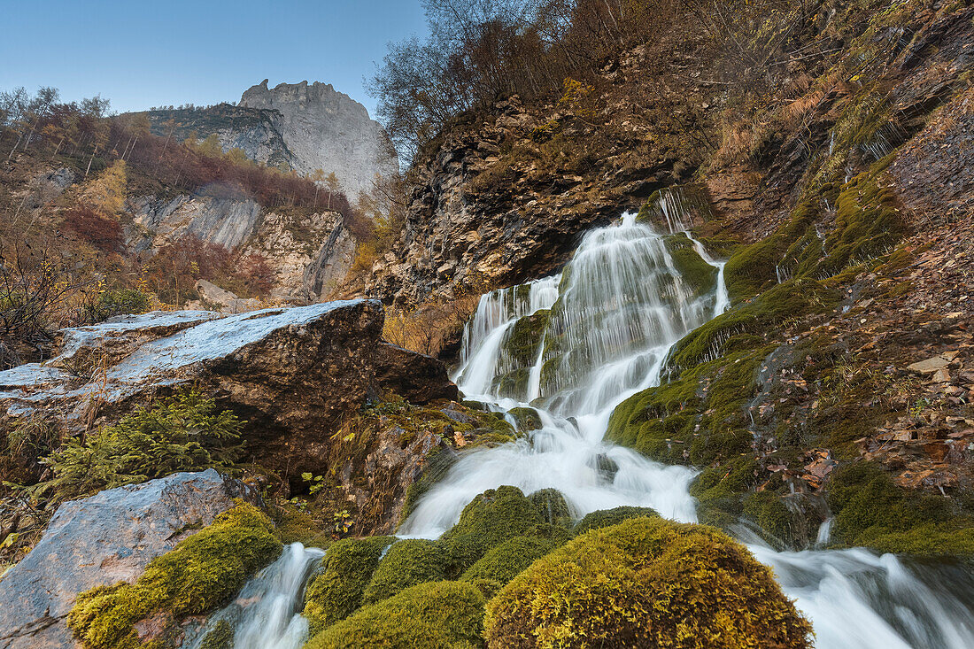 Europe, Italy, Veneto, Agordino, Taibon, The waterfall of Livinal in the San Lucano valley