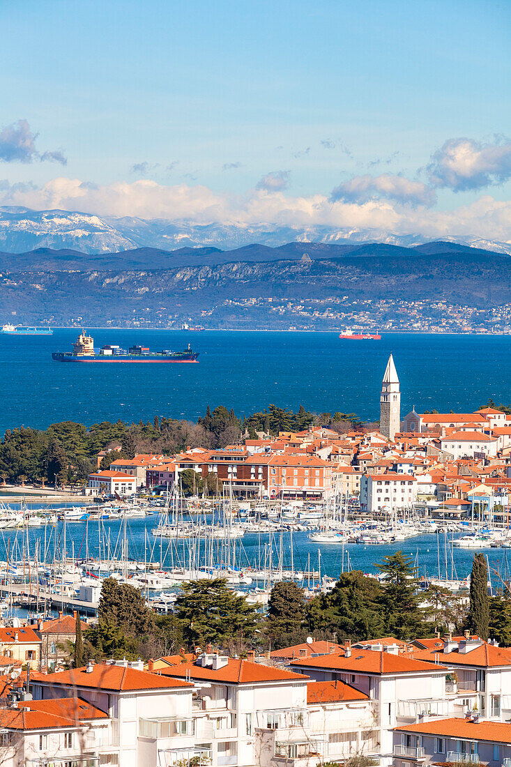 Europe, Slovenia, Istria, Panoramic view towards the bay and marina of Izola, Slovenian Littoral