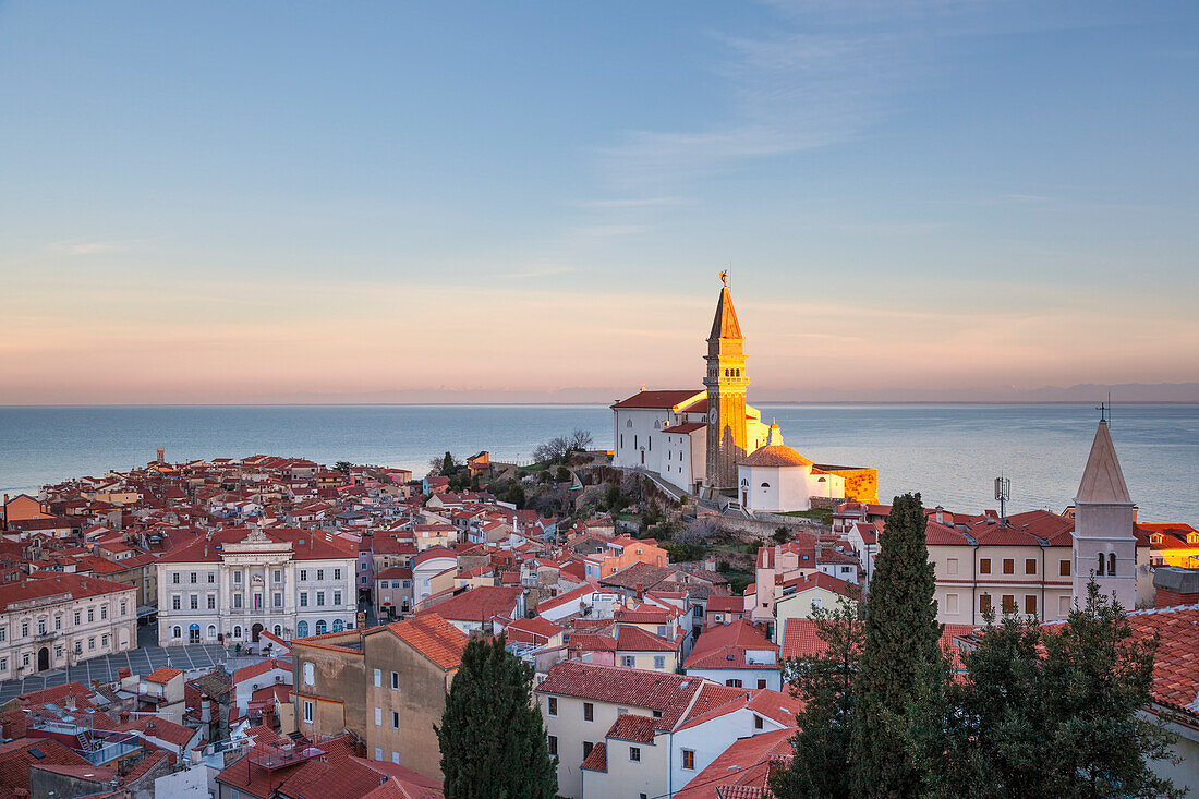 Europe, Slovenia, Istria, Piran, Primorska, The church of St, George and the ancient town of Piran