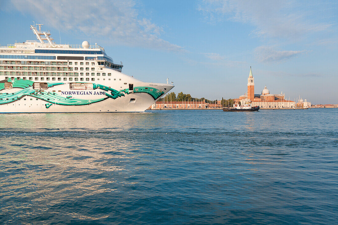 Europe, Italy, Veneto, Venice, Cruise ship Norwegian Jade passing in front of the island of St, George major