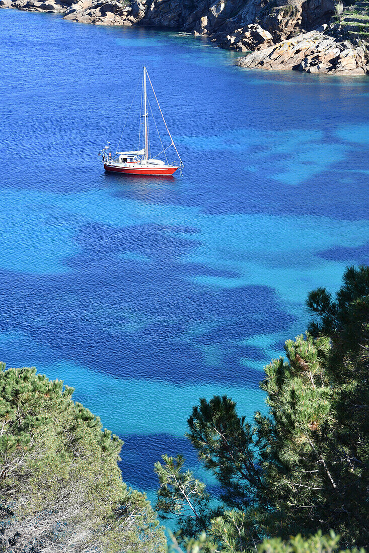 Segelboot in einem Karibischen Meer, Cala delle Cannelle Giglio Insel, Toskana, Italien