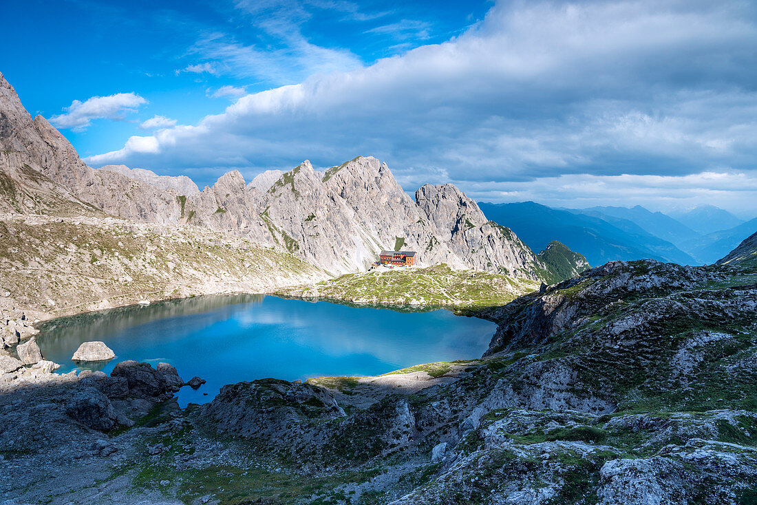 Lienz Dolomites, East Tyrol, Austria, The Karlsbader hut and the Lake Laserz