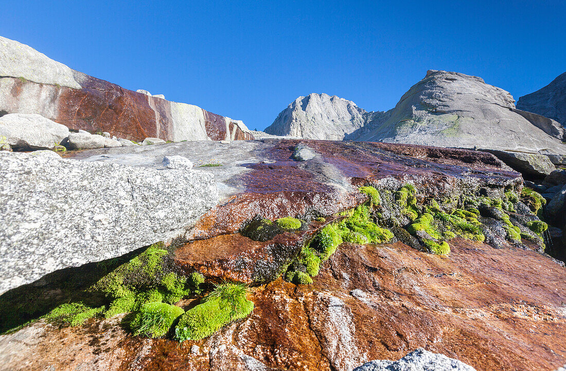 Blue sky on the rock faces and high peaks Porcellizzo Valley Masino Valley Valtellina Province of Sondrio Lombardy Italy Europe