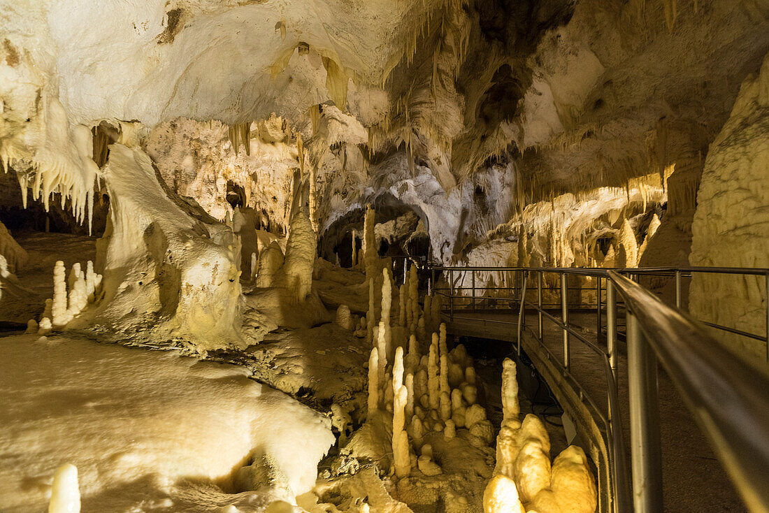 The natural show of Frasassi Caves with sharp stalactites and stalagmites Genga Province of Ancona Marche Italy Europe