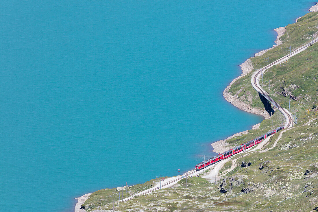 Der Bernina Express Zug fährt am Ufer des Lago Bianco Bernina Pass Kanton Graubünden Engadin Schweiz Europa