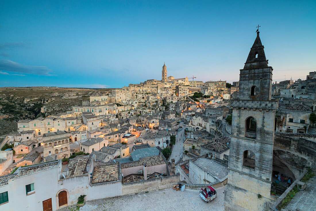 View of the ancient town and historical center called Sassi perched on rocks on top of hill Matera Basilicata Italy Europe