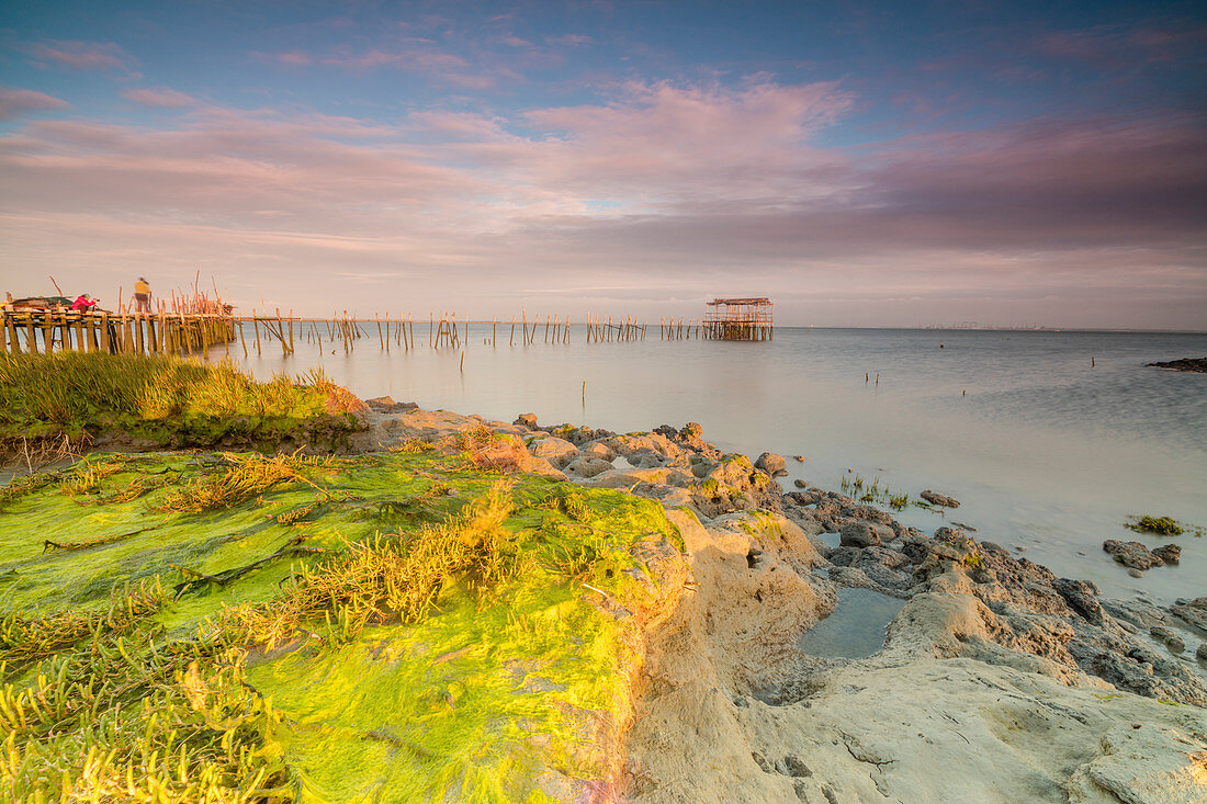 Pink sky at dawn on the Palafito Pier in the Carrasqueira Natural Reserve of Sado River Alcacer do Sal Setubal Portugal Europe