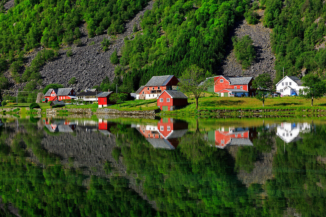 Perfect reflection of some typical norvegia houses into a lake in late spring, Odda, Hardaland, Norway