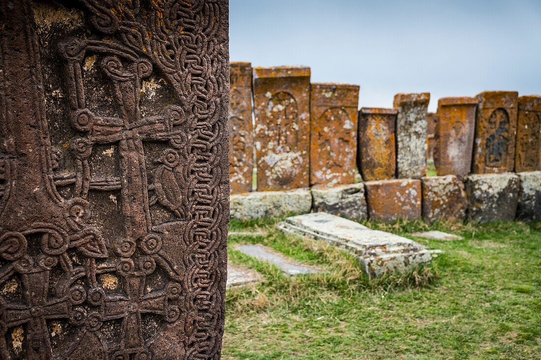 Khachkars in the the historical cemetery of Noratus near Lake Sevan, Armenia, Caucaus, Eurasia