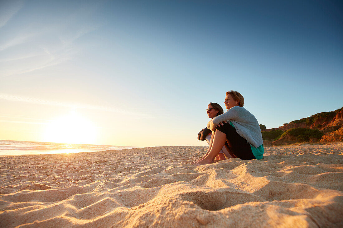 two women on the beach, sunset, ,  conil beachandalusia, southwest coast spain, atlantc, Europe