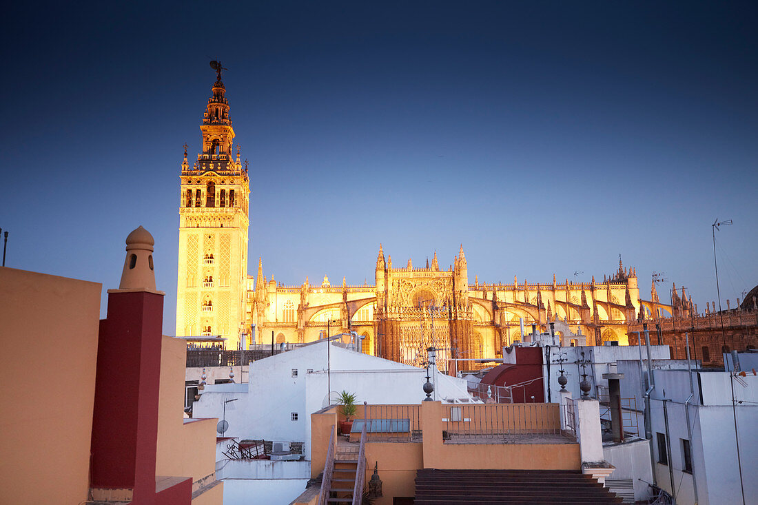 view over rooftops to the cathedral,  Seville, andalusia, Europe