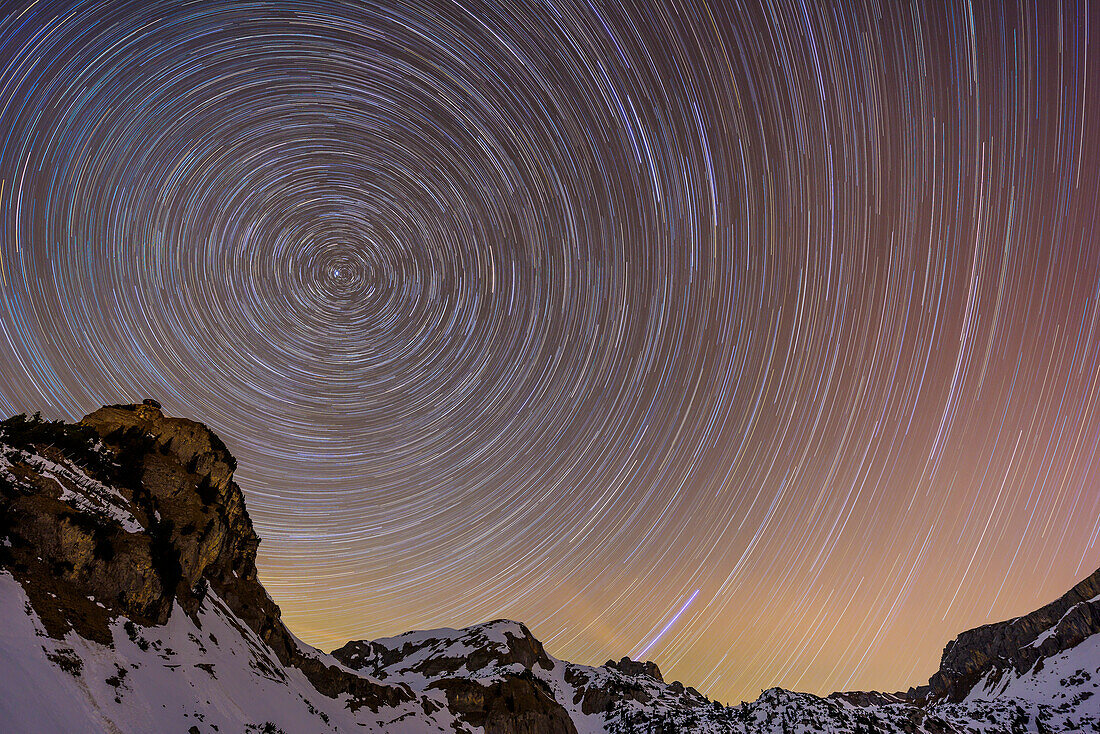 Star tracks above Rofan range, hut Erfurter Huette, Rofan range, Tyrol, Austria