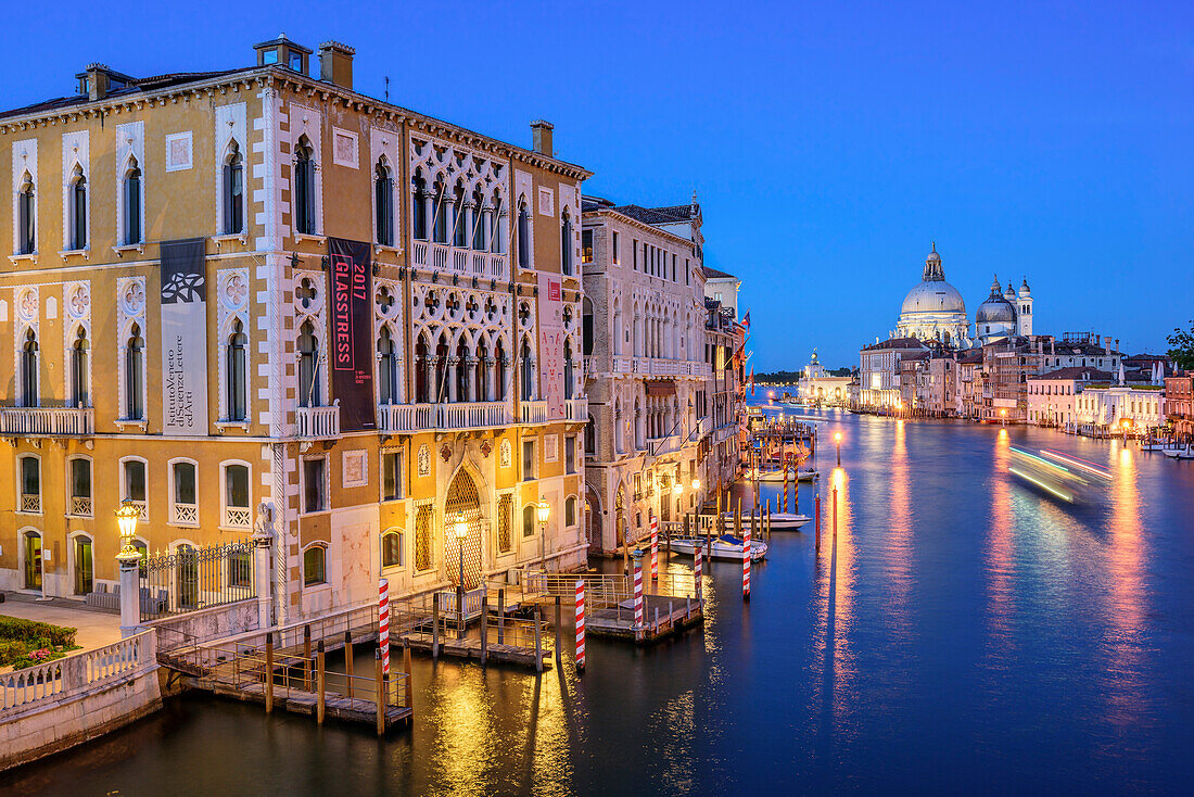 Grand Canal at night with Palazzo Cavalli-Franchetti and Santa Maria della Salute, Venice, UNESCO World Heritage Site Venice, Venezia, Italy