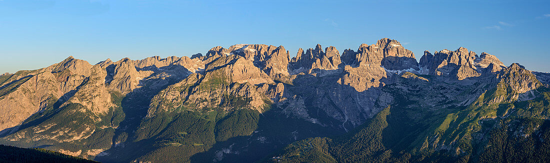 Panorama of Brenta group with Cima Tosa and Cima Brenta, from Paganella, Brenta group, UNESCO world heritage site Dolomites, Trentino, Italy