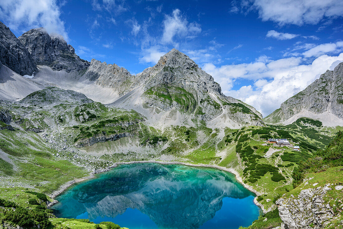 Lake Drachensee, Drachenkopf and hut Coburger Huette, Hinterer Tajakopf, Mieming Mountains, Tyrol, Austria