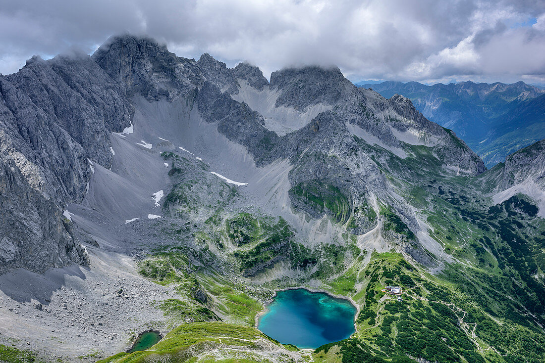 View towards lake Drachensee and hut Coburger Huette, Hinterer Tajakopf, Mieming Mountains, Tyrol, Austria