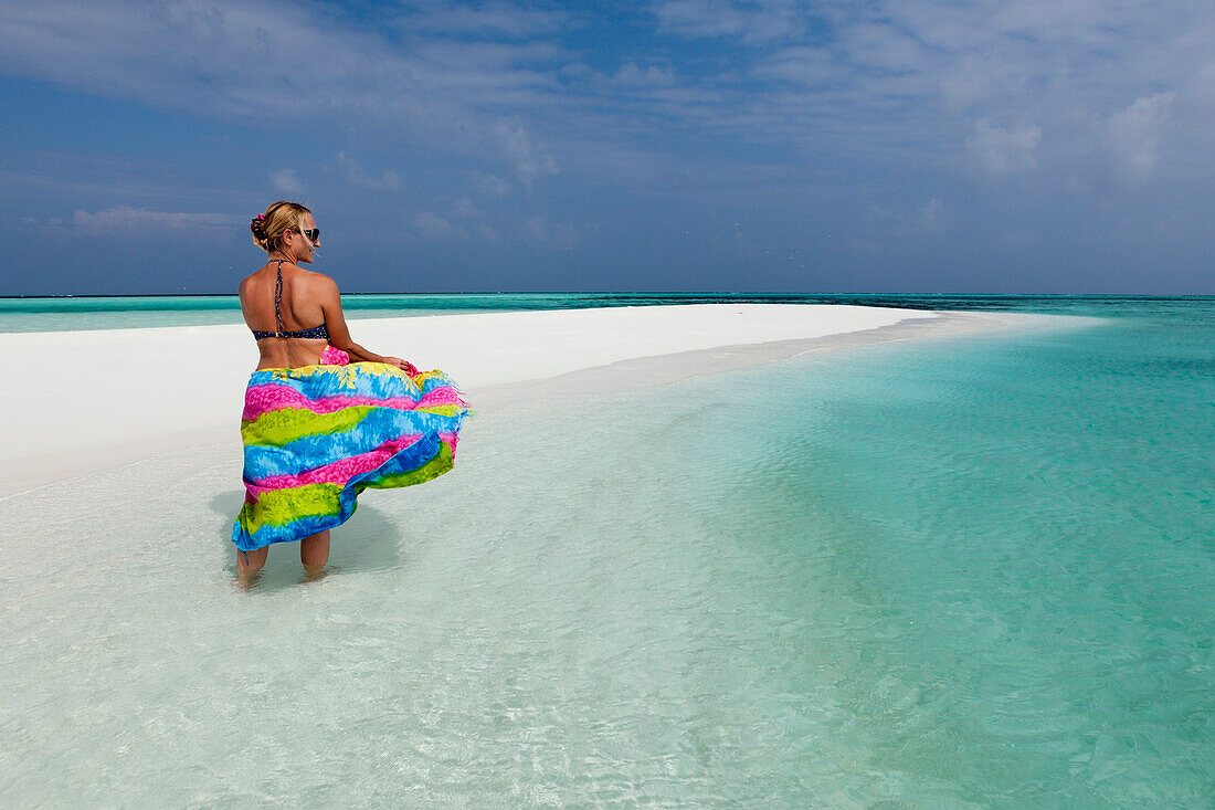 Female Tourist on Sand Bank, Felidhu Atoll, Maldives