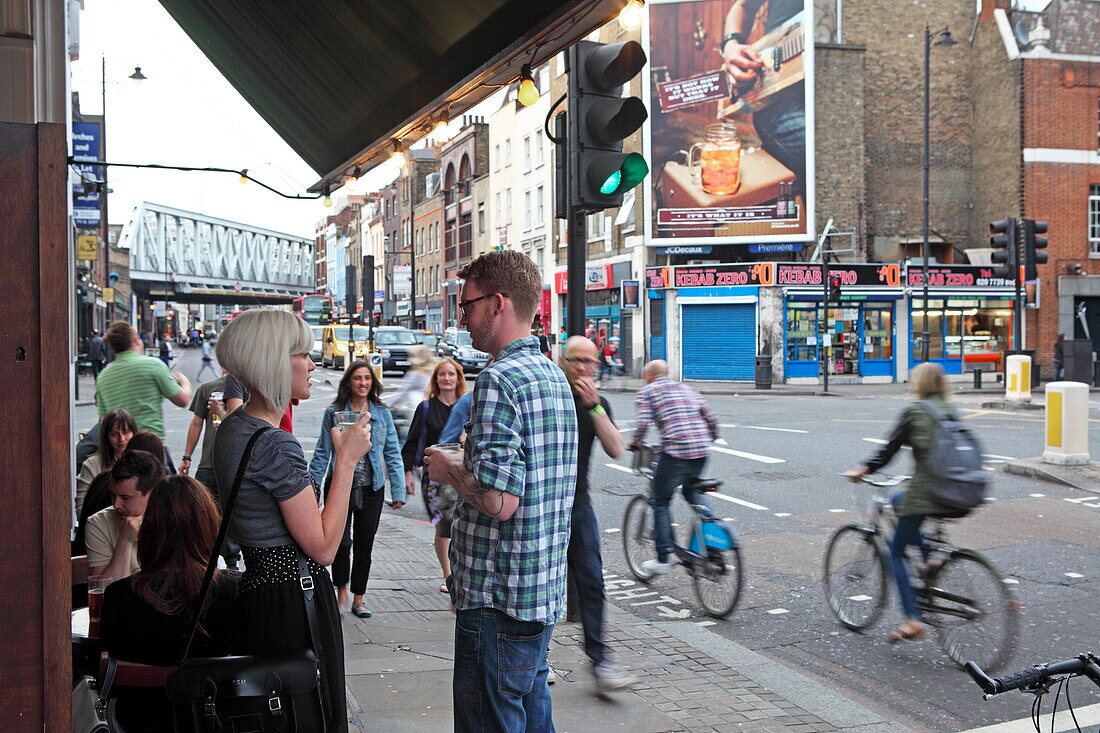 In front of Bar Kick, Shoreditch High Street, East End, London, England