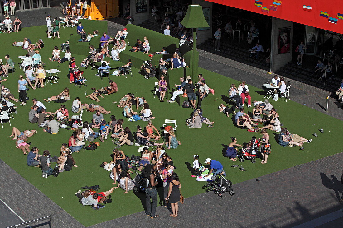 Artificial green in front of the National Theatre during South Bank Sommer Festival, Southbank, London, England