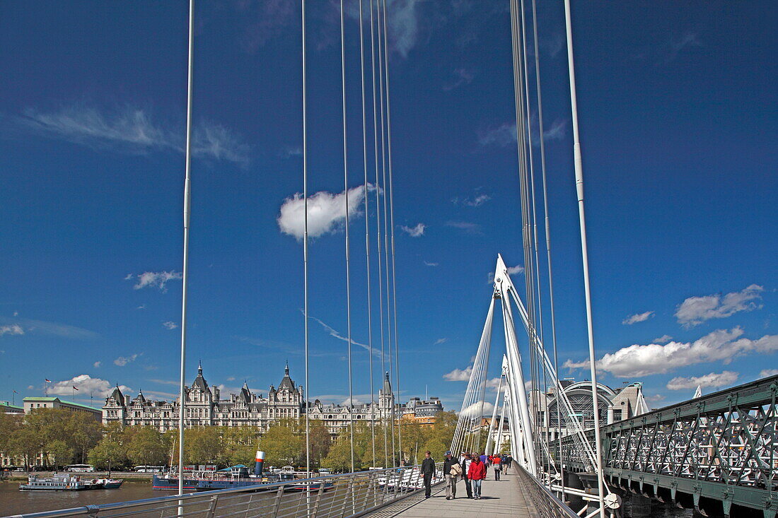 Hungerford Bridge, Whitehall Court and Charing Cross Station, City of Westminster, London, England