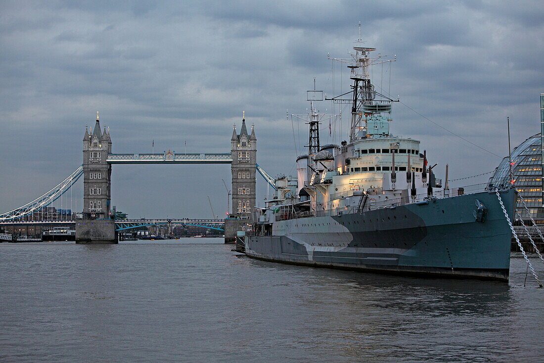 Tower Bridge and HMS Belfast, London, England