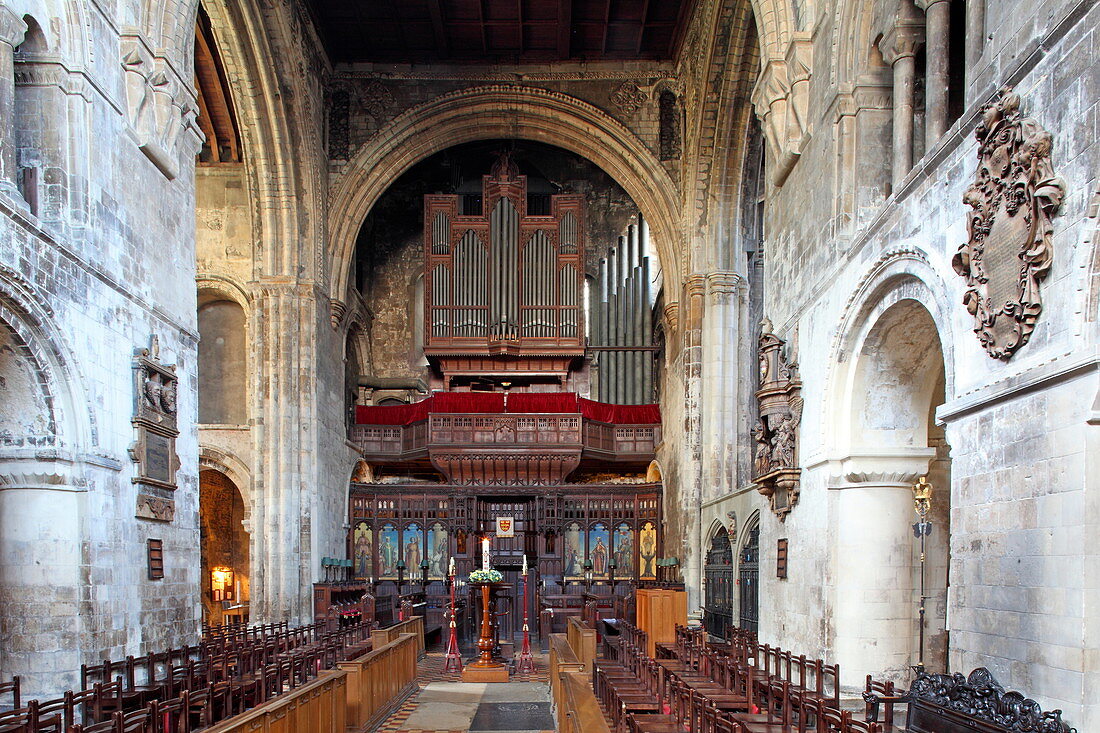Nave and organ, Priory church of St Bartholomew-the-Great, West Smithfield, Clerkenwell, City of London, London, England