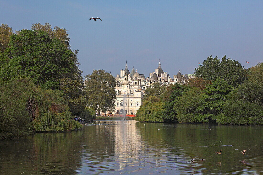 St James Park, view at chimneys and spires of  Horse Guard Parade, Whitehall, City of Westminster, London, England