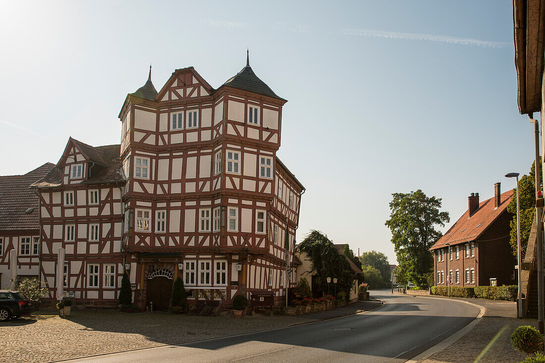 Old twisted half-timbered hotel and restaurant Rosengarten, Ziegenhain, Hesse, Germany, Europe