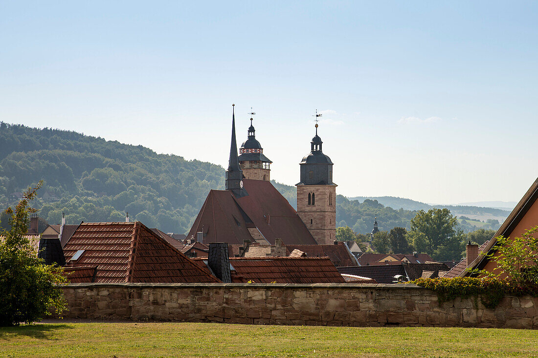 View to the three spires of the town church of St. George, Schmalkalden, Thuringia, Germany, Europe