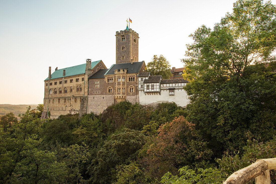 Wartburg castle, UNESCO World Cultural Heritage Site, in the light of the setting sun, Eisenach, Thuringia, Germany, Europe