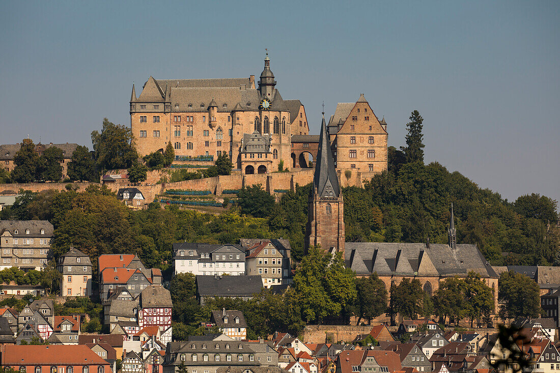 Overhead of Marburg with the Lutheran parish church of St. Marien and Landgrafenschloss, Marburg, Hesse, Germany, Europe