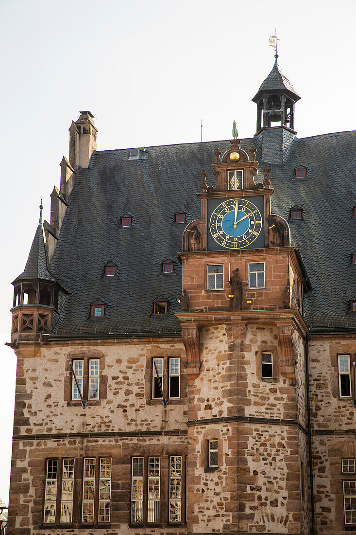 The town hall in detail with the tower clock in the Renaissance gable, Marburg, Hesse, Germany, Europe