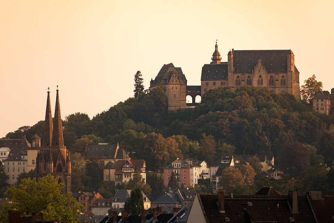 Cityscape of Marburg with the Elisabeth church and Landgrafenschloss, Marburg, Hesse, Germany, Europe