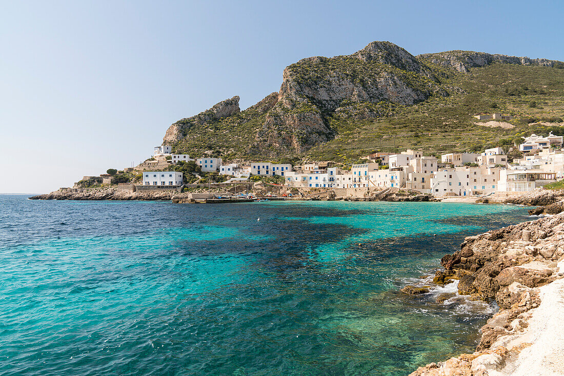 White buildings in the harbor city of Levanzo, Levanzo Island, Aegadian Islands, near Trapani, Sicily, Italy, Europe