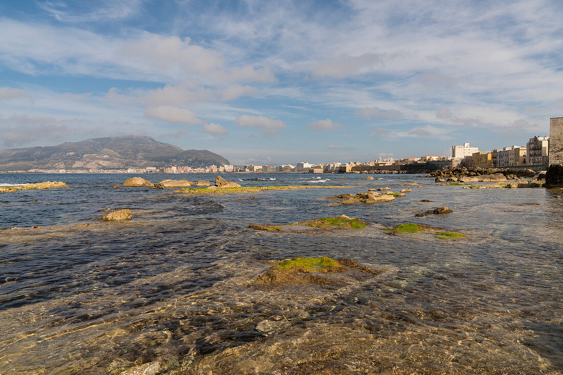 The shallow sea with the city Trapani, Trapani, Sicily, Italy, Europe