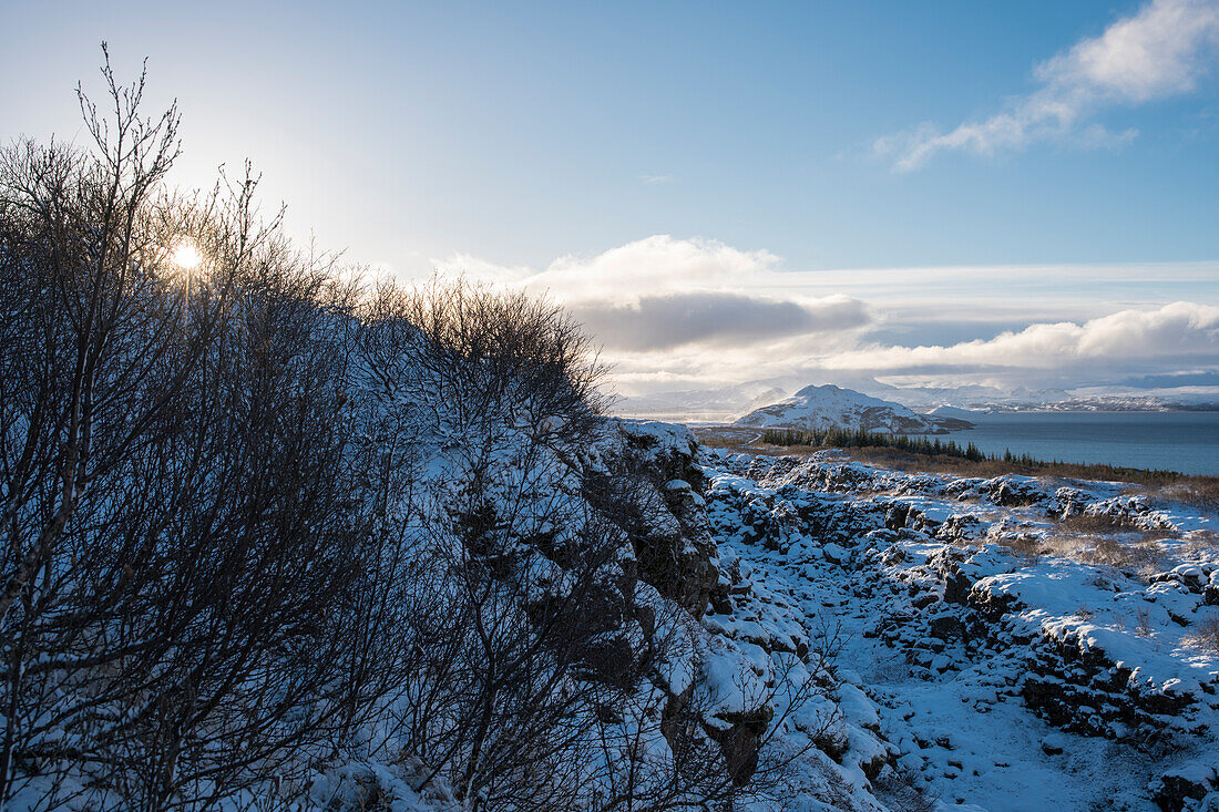 Snowy landscape at Thingvellir National Park (pingvellir National Park) in winter, Pingvellir National Park, Sudurland, Iceland, Europe