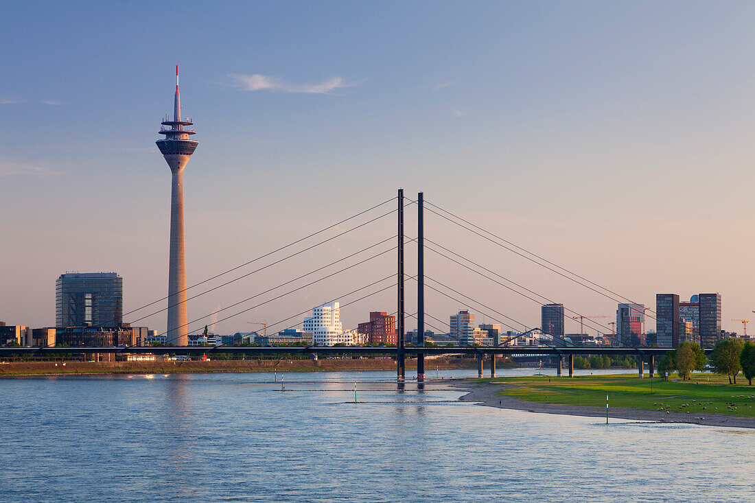 Blick über den Rhein auf Stadttor, Fernsehturm, Rheinkniebrücke und Neuen Zollhof von Frank O. Gehry, Düsseldorf, Nordrhein-Westfalen, Deutschland