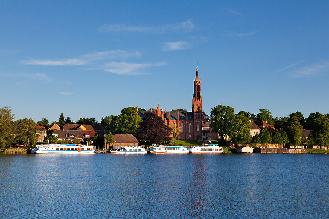 View over the lake to Malchow monastery, Mueritz-Elde-Wasserstrasse, Mecklenburgische Seenplatte, Mecklenburg-West Pomerania, Germany