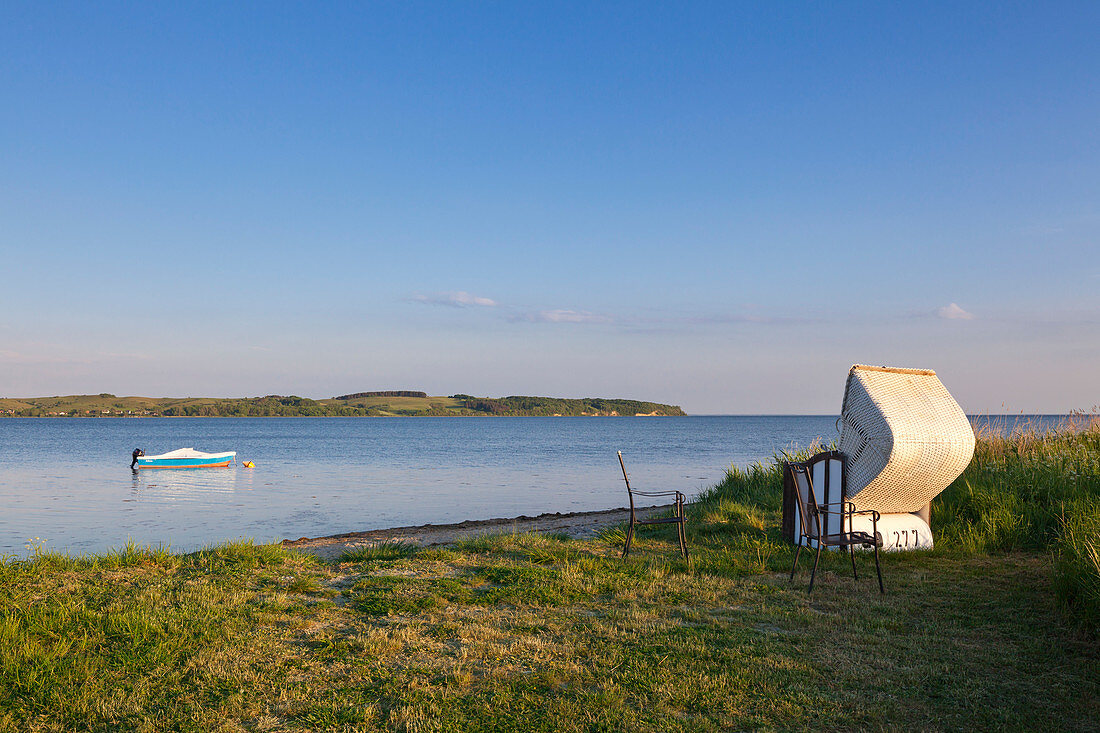 View over Hagensche Wiek to Moenchgut peninsula, Ruegen,  Baltic Sea, Mecklenburg-West Pomerania, Germany