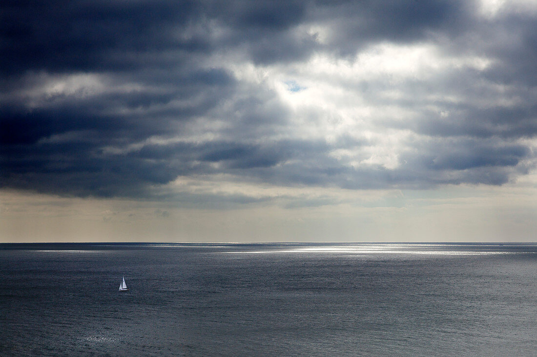 Sailing boat, view from the chalk rocks to the Baltic Sea, Jasmund National Park, Ruegen,  Baltic Sea, Mecklenburg-West Pomerania, Germany