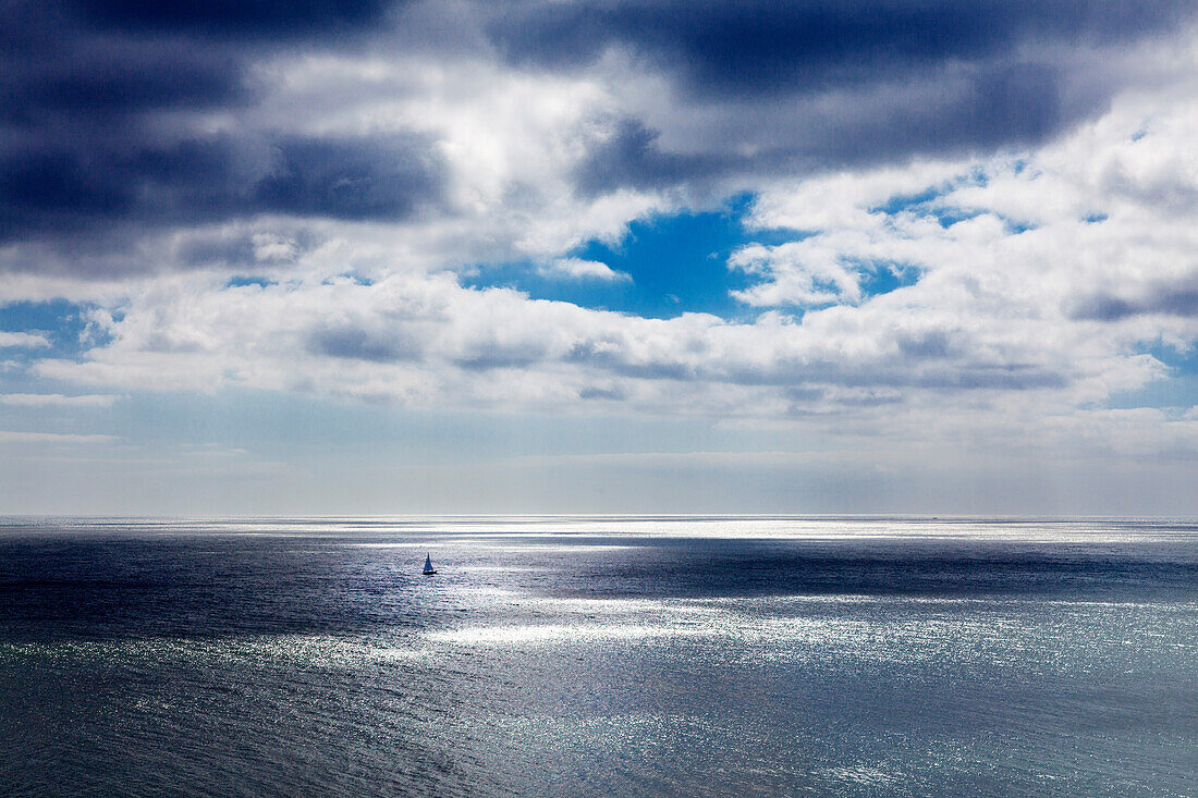 Sailing boat, view from the chalk rocks to the Baltic Sea, Jasmund National Park, Ruegen, Baltic Sea, Mecklenburg-West Pomerania, Germany