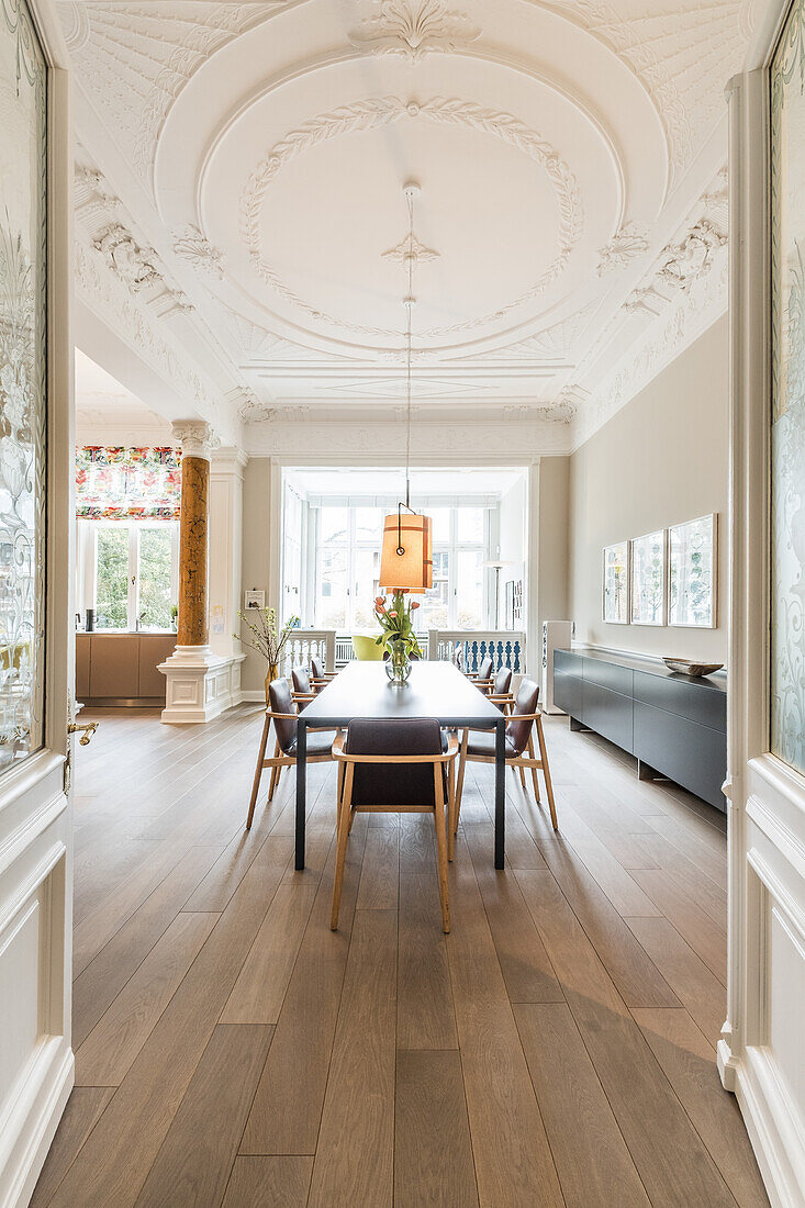 dining table in a modern furnished Art Nouveau apartment in Hamburg, north Germany, Europe