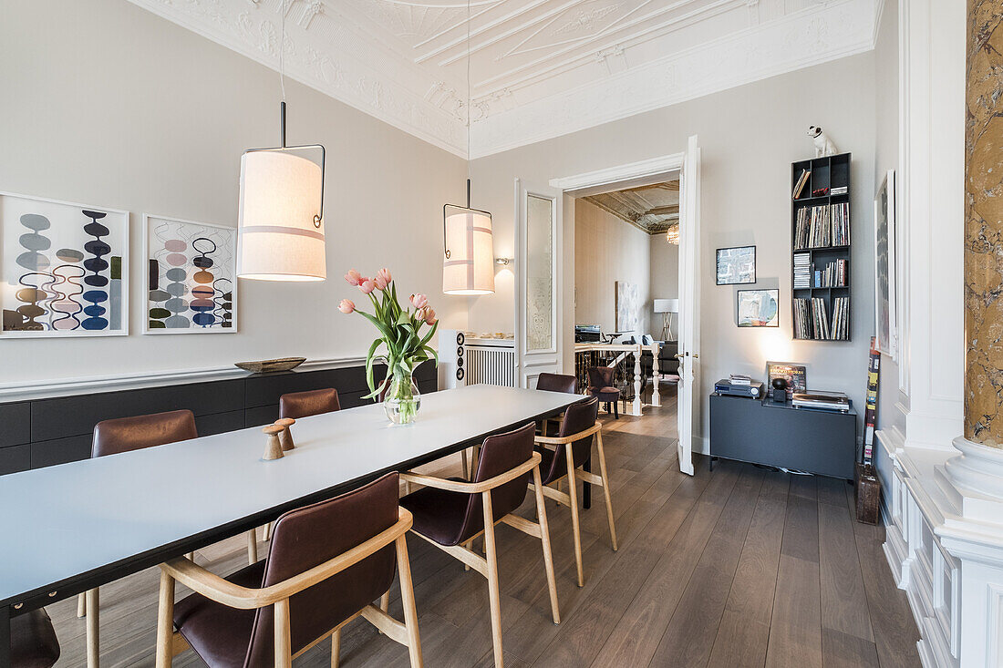 dining table in a modern furnished Art Nouveau apartment in Hamburg, north Germany, Europe