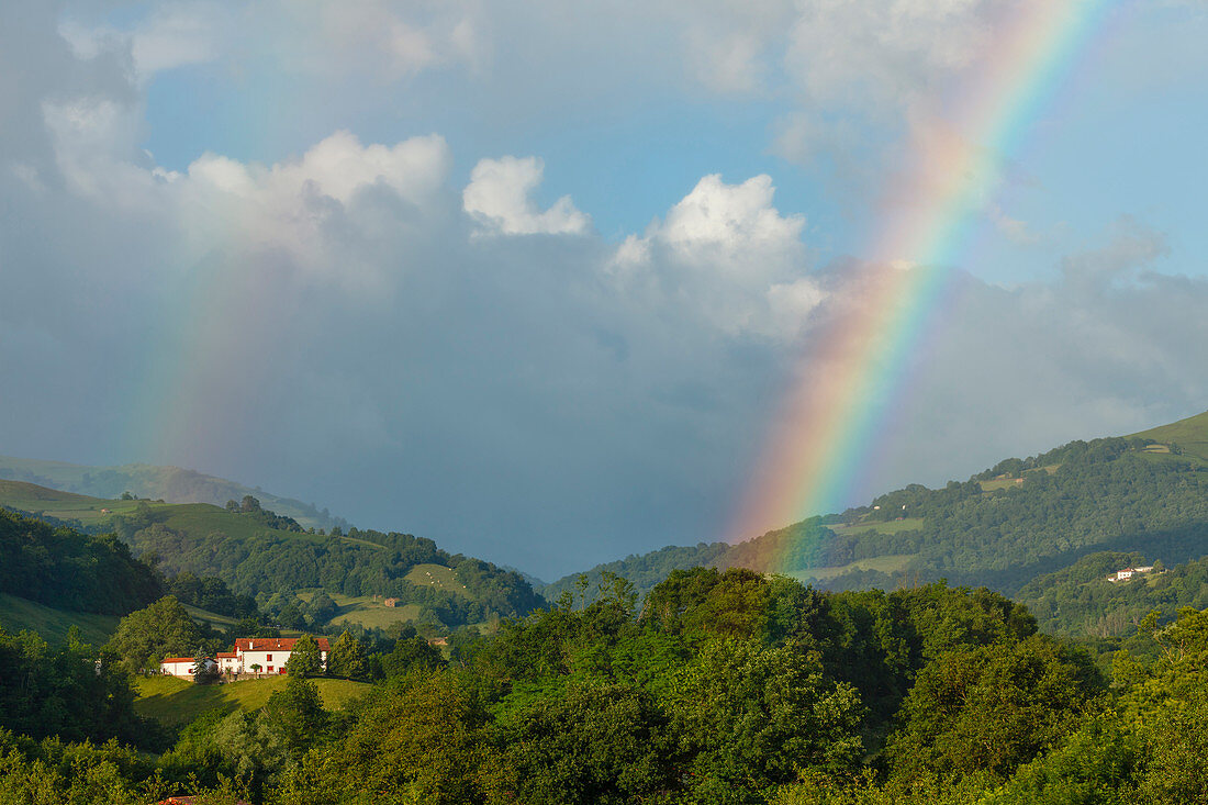 Pyrenees near Saint-Jean-Pied-de-Port, rainbow, Camino Frances, Way of St. James, Camino de Santiago, pilgrims way, UNESCO World Heritage, European Cultural Route, Pyrenees Atlantiques, Southern France, France, Europe