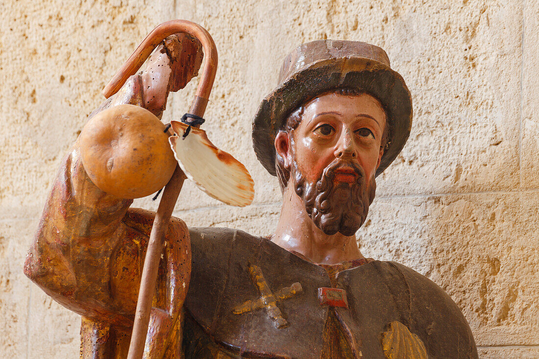 sculpture of St. James near the altar, Fromista, Iglesia San Martin, church, 11th. century, Romanesque, Camino Frances, Way of St. James, Camino de Santiago, pilgrims way, UNESCO World Heritage, European Cultural Route, province of Palencia, Old Castile, 