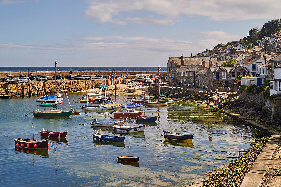 View of the harbour at mid-tide, Mousehole, Penwith, Cornwall, England, United Kingdom, Europe