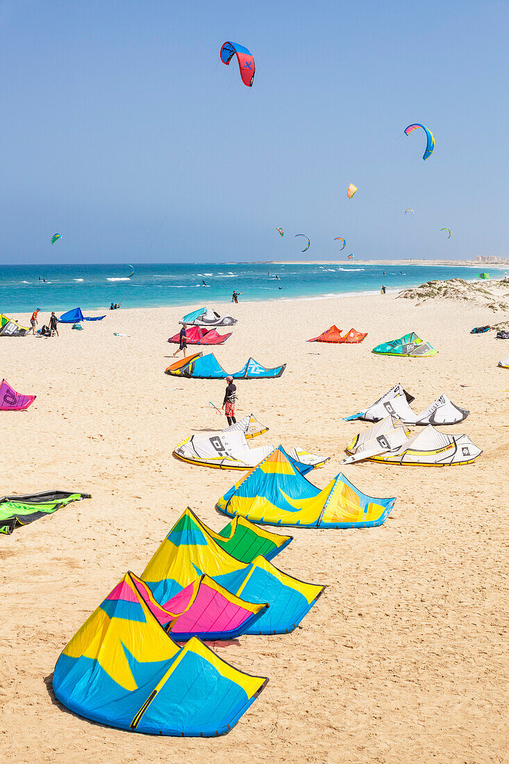 Kite surfers and kite surfing on Kite beach, Praia da Fragata, Costa da Fragata, Santa Maria, Sal Island, Cape Verde, Atlantic, Africa