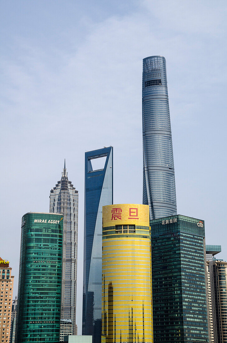 The Shanghai Tower, Jin Mao Tower, and the Shanghai World Financial Center on the Pudong skyline from the Bund, Shanghai, China, Asia