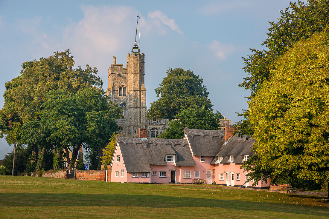 St. Mary the Virgin's Church and the Pink Cottages, Cavendish, Suffolk, England, United Kingdom, Europe