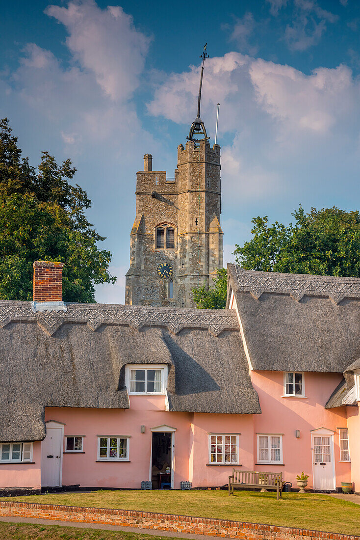 St. Mary the Virgin's Church and the Pink Cottages, Cavendish, Suffolk, England, United Kingdom, Europe
